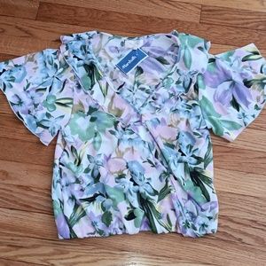 NWT Melloday Tropical Print 🌴 Ruffled  Wrap-Look Top ■ Size S